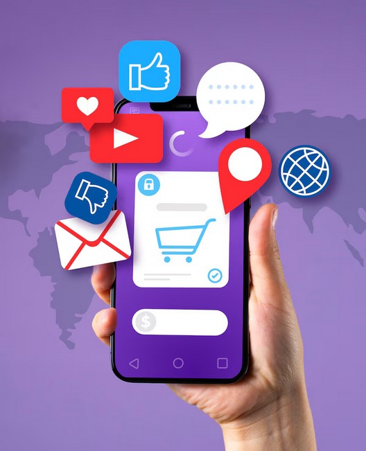 Advertising & Marketing Content Solutions Hand with a mobile for Market Translations Content