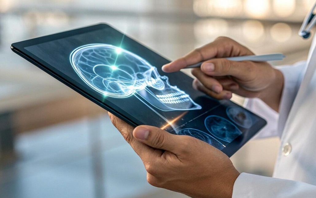 Medical Device Translation Services a doctor is holding an X-ray of a skull.