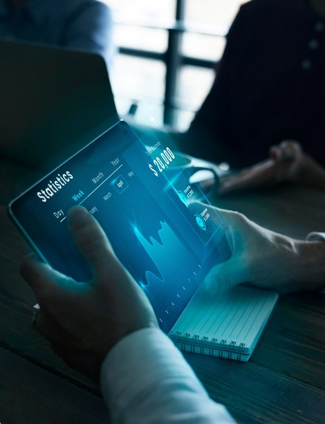 Go Global with Confidence: Expert Fintech Translation for Seamless Expansion. a person holding a device with virtual screen showing financial data