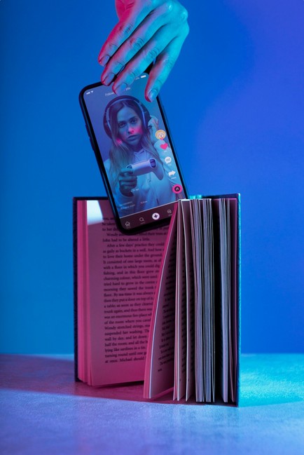 AI-Powered Localization: The New Frontier of Multimedia Translation. an image showing a smartphone coming out of a book