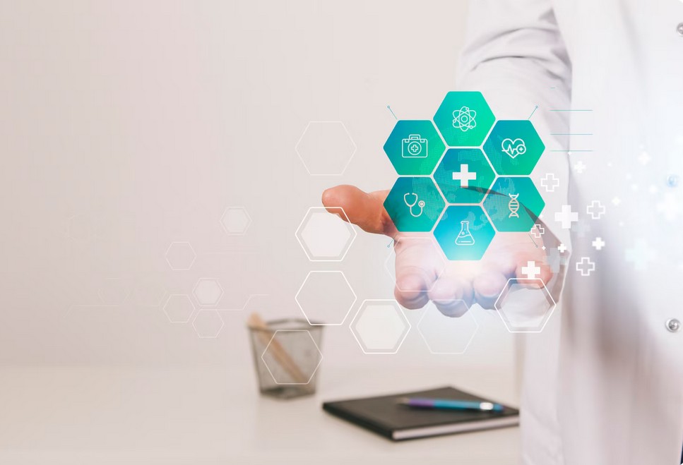 Beyond Terminology: Expert Translation for Your Most Critical Life Science Documents. a doctor holding a virtual screen which displays medical icons