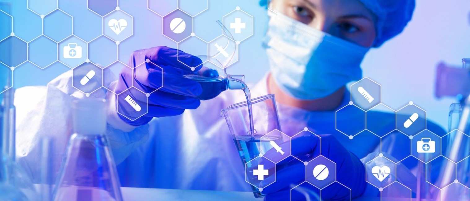 Beyond Terminology: Expert Translation for Your Most Critical Life Science Documents. A pharmaceutical laboratory technician pours a liquid into a test tube and medical data appears on a virtual screen.