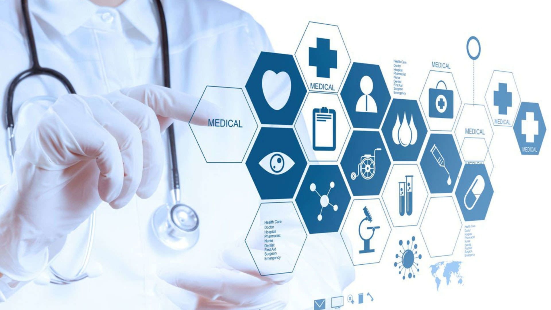 Beyond Terminology: Expert Translation for Your Most Critical Life Science Documents. a doctor touching a virtual screen which displays medical icons