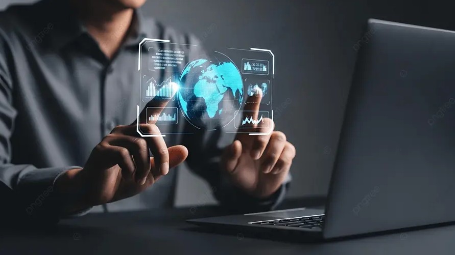 The Ultimate Guide to Launching a Multilingual Banking Website. a man touching a virtual screen which displays the world map