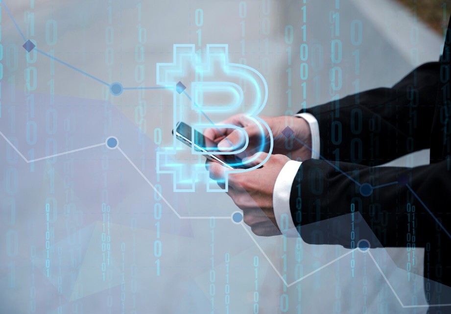 One Wrong Word: The Peril of Amateur Crypto Translation. a man checking information on a smartphone and bitcoin sign appears in the front of