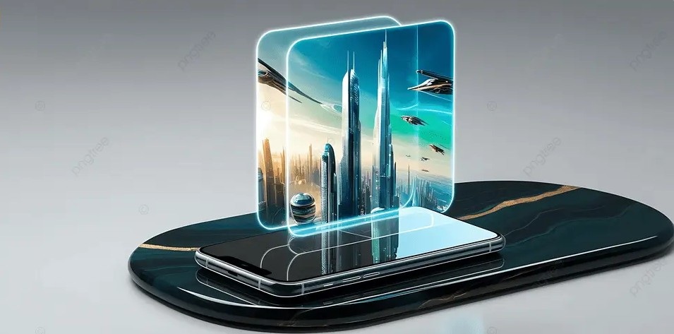 The Ultimate Guide to Launching a Multilingual Banking Website. smartphone displaying buildings in a holographic format