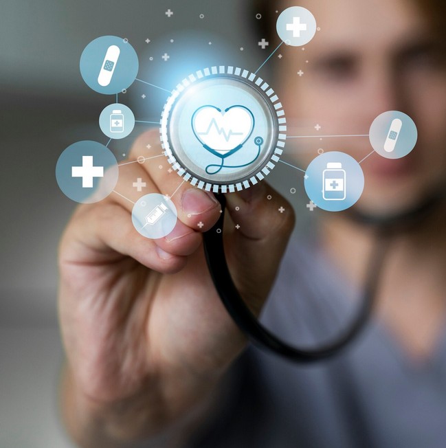 The Ultimate Guide to ISO 17100 and ISO 13485 for Life Science Translation. virtual image of a doctor using a Stethoscope and the quality sign displayed on virtual screen