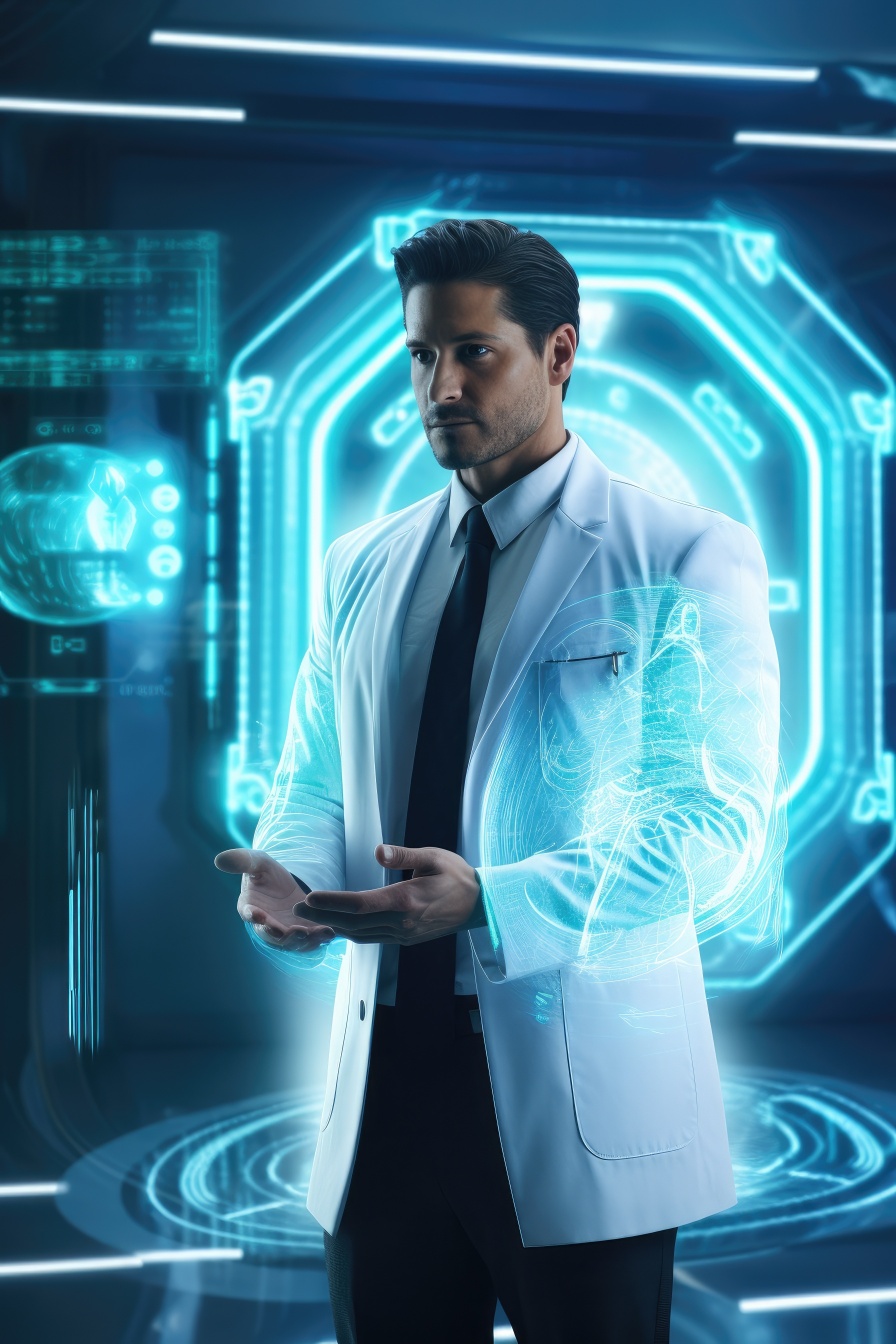 The Ultimate Guide to ISO 17100 and ISO 13485 for Life Science Translation. illustrative image of a doctor with future solutions displayed on a virtual screen