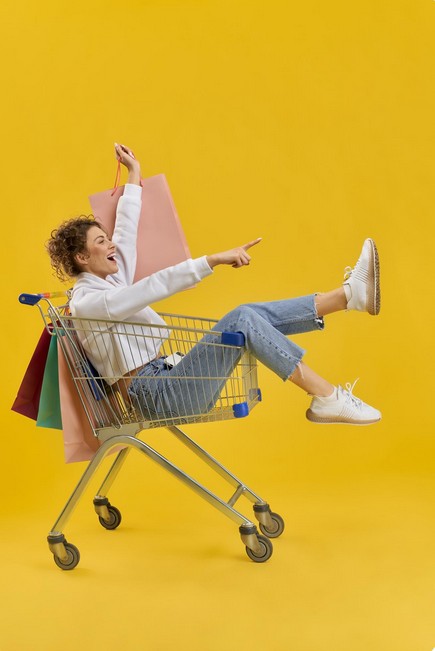 Conquer the World: Your Ultimate Guide to Flawless Retail Translation. a woman in a shoping cart with shoping bags