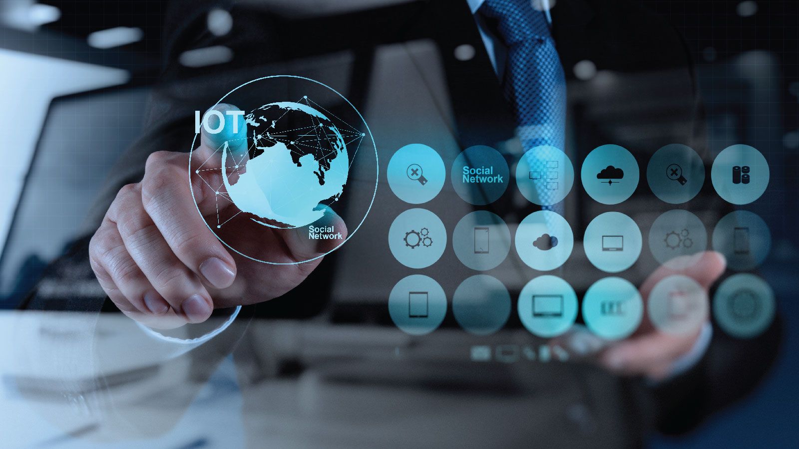 person touching virtual screen with data on it