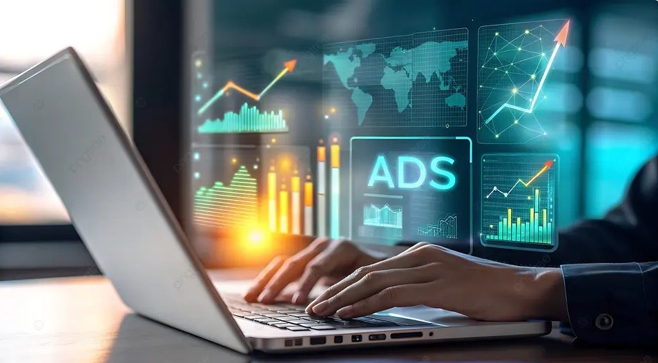 Multilingual SEO for Retail: Your Ultimate Global Blueprint. image showing a person working at a laptop with the word ads in the background