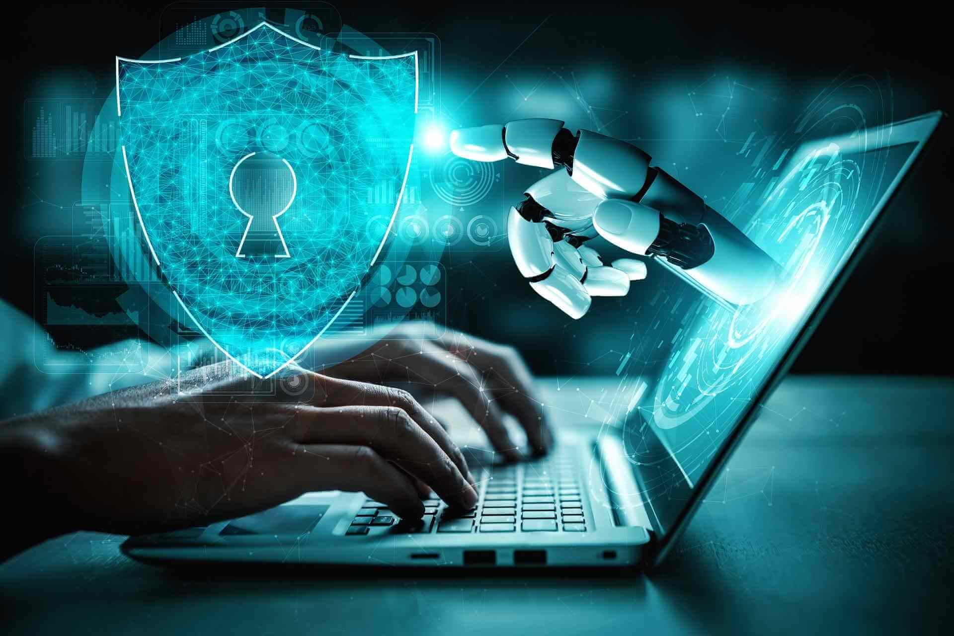 About Us a man typing on laptop with ai security signs