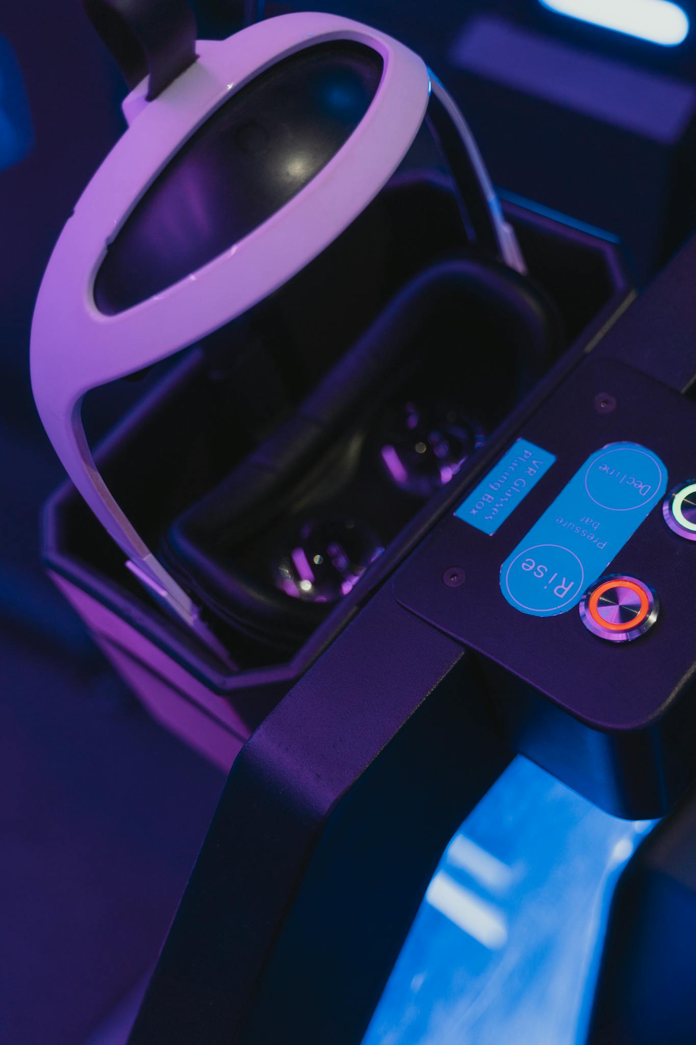 Unlocking Global Retail Success with Professional Translation Services. Close-up of a futuristic virtual reality console with VR headset in vibrant colors.