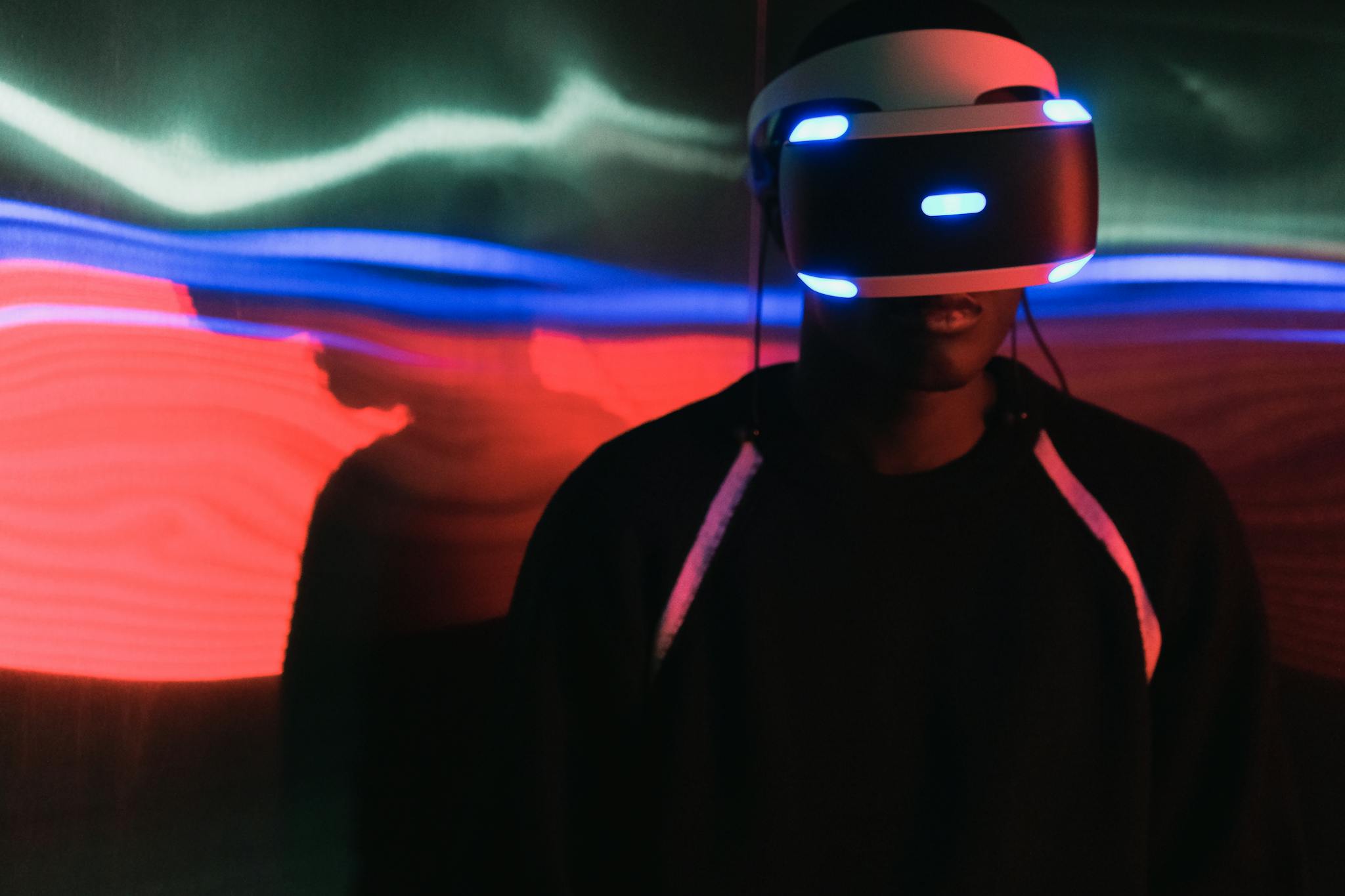 Unlocking Global Retail Success with Professional Translation Services. Person wearing a virtual reality headset with vibrant light trails in the background.