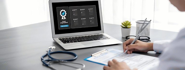 a doctor working at a laptop