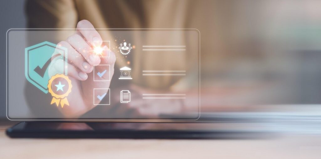 The Ultimate Life Science Translation Showdown: In-House vs. Outsourcing. a pesron touching on a virtual screen which displays quality assurance icons
