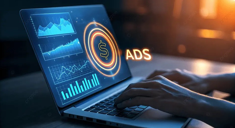 Multilingual SEO for Retail: Your Ultimate Global Blueprint. a person working on a laptop which displays data and dollar sign, with the word ads in the background