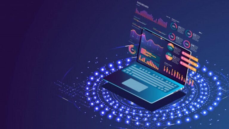 a conceptual image showing a lap top with data